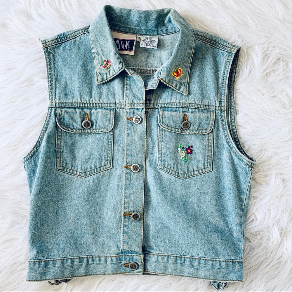 Vintage Denim Embroidered Sleeveless Jean Jacket Vest